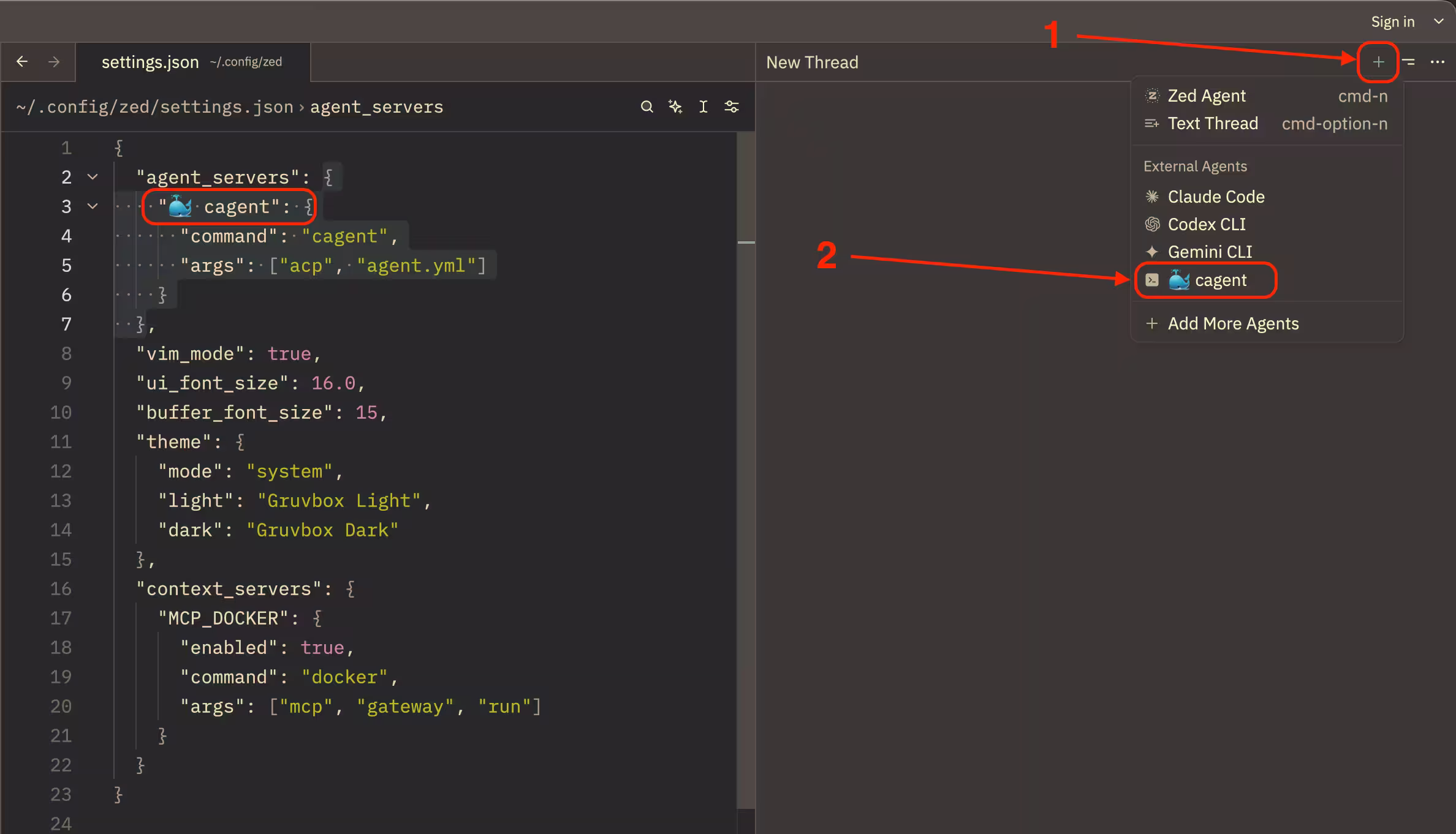 Nuevo hilo externo con Docker Agent en Zed
