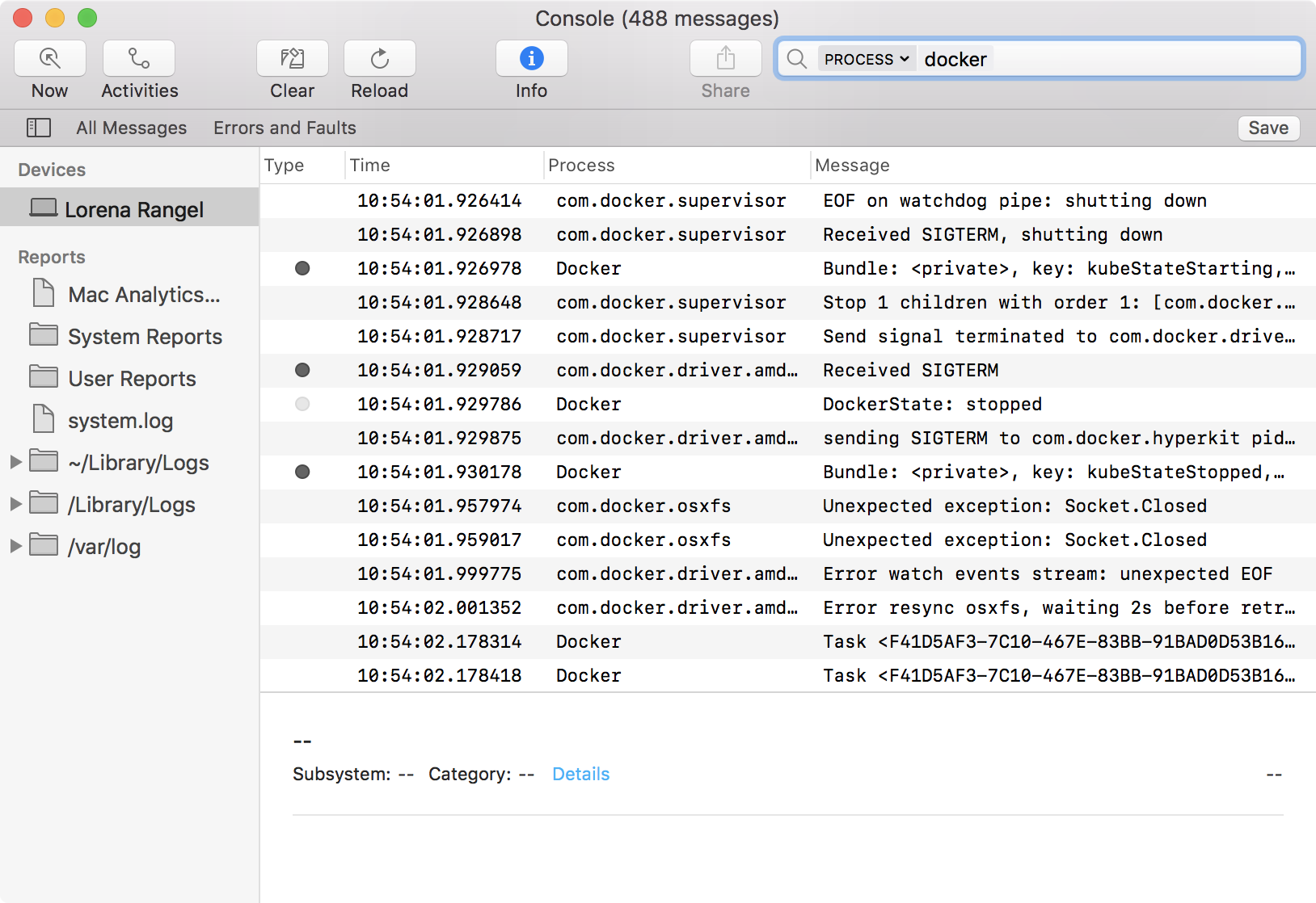 Búsqueda en la Consola de Mac de la aplicación Docker
