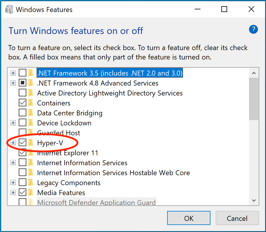Hyper-V en las características de Windows