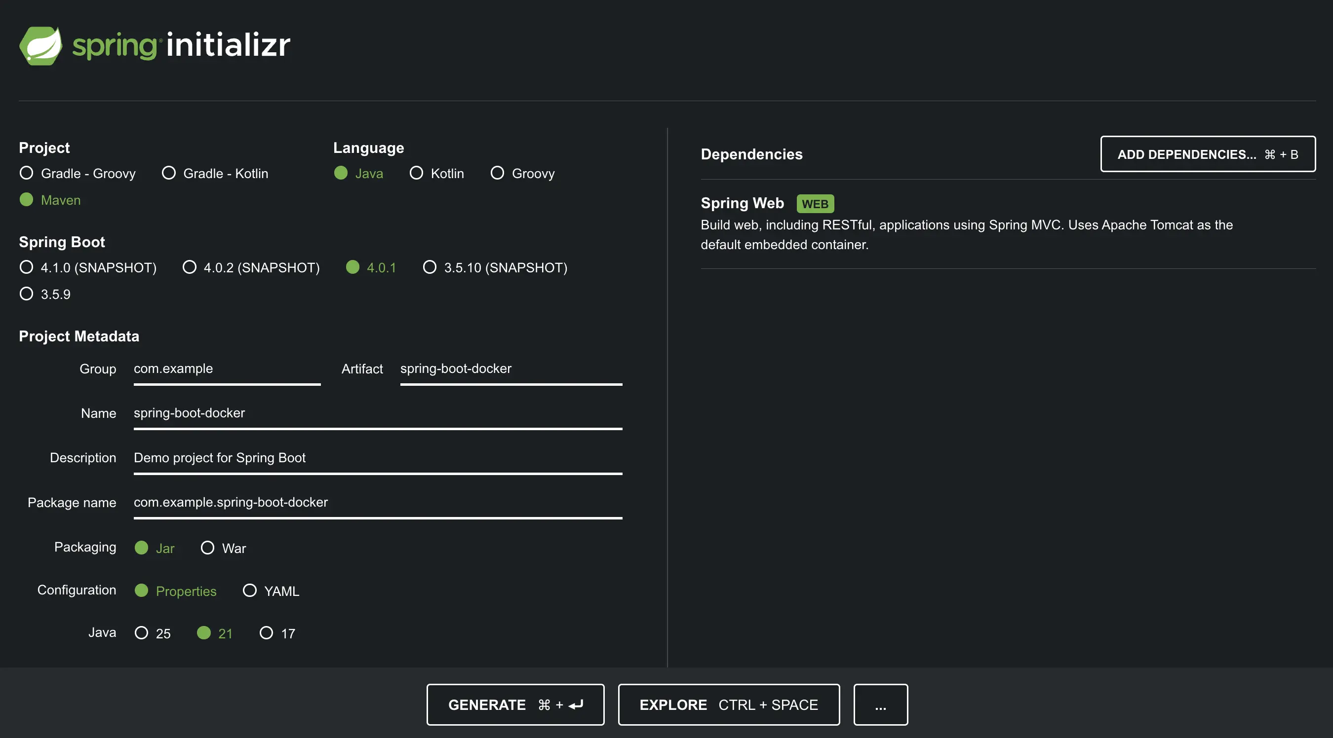 Una captura de pantalla de la herramienta Spring Initializr seleccionada con Java 21, Spring Web y Spring Boot 3.4.0