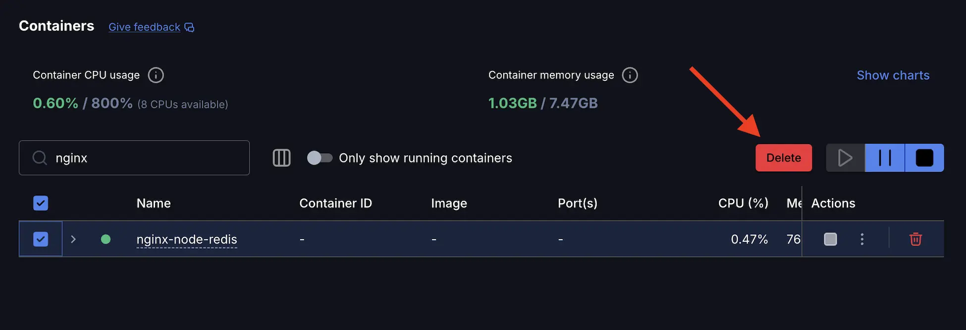 Una captura de pantalla del Panel de Docker Desktop que muestra cómo eliminar los contenedores que implementaste utilizando Docker Compose