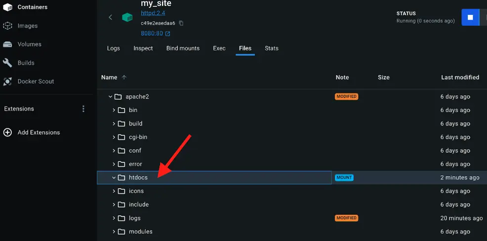 Una captura de pantalla del Panel de Docker Desktop que muestra los archivos eliminados dentro de un contenedor