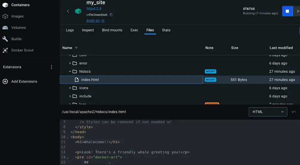 Una captura de pantalla del Panel de Docker Desktop que muestra los archivos montados dentro de un contenedor