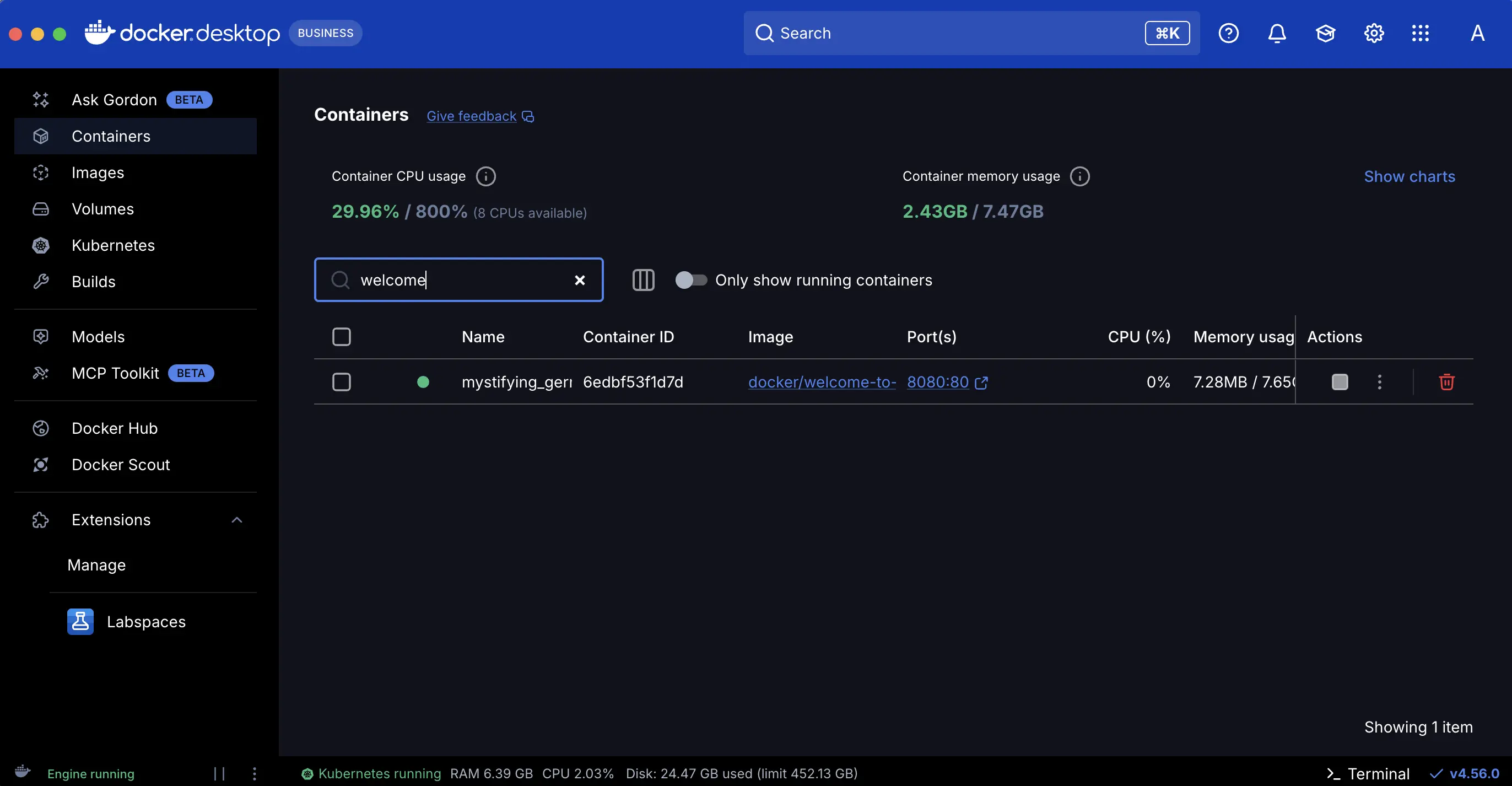 Una captura de pantalla del Panel de Docker Desktop que muestra el puerto publicado
