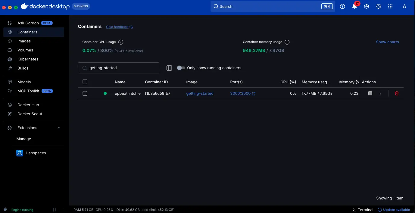 Docker Desktop con el contenedor get-started en ejecución