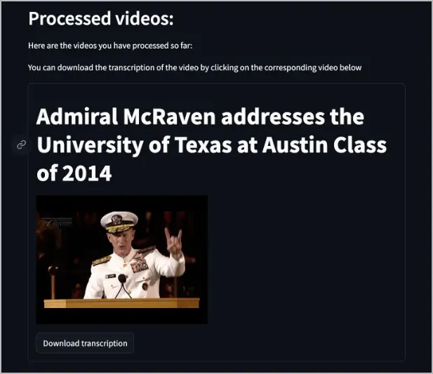Un video procesado en el servicio yt-whisper