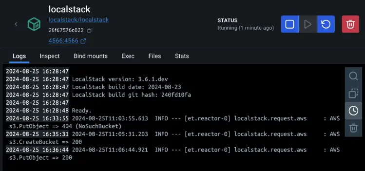 Diagrama que muestra los registros de LocalStack que destacan la imagen subida al bucket de S3 emulado