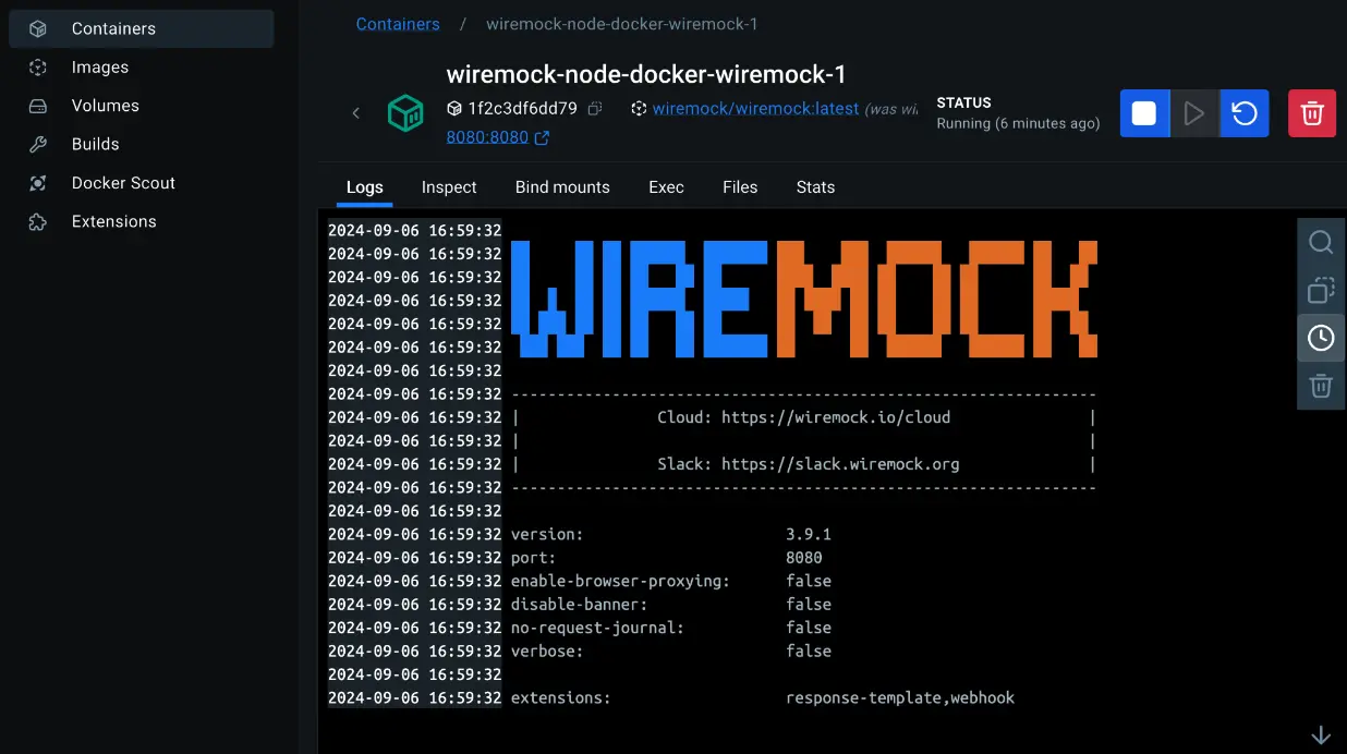 Diagrama que muestra los logs del contenedor de WireMock ejecutándose en Docker Desktop