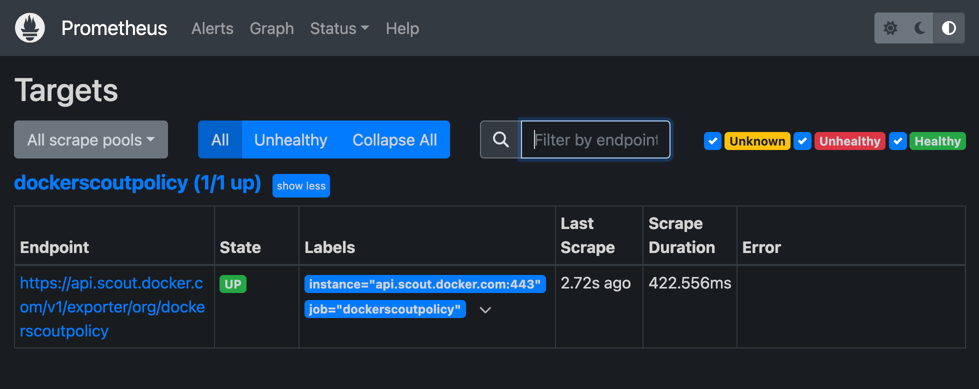 Objetivo de Prometheus del exportador de métricas de Docker Scout